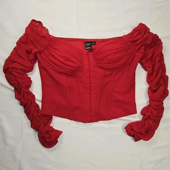 Windsor Small Red Corset Ruched Long‎ Sleeve Top Womens Romantic Night Out - Picture 10 of 12